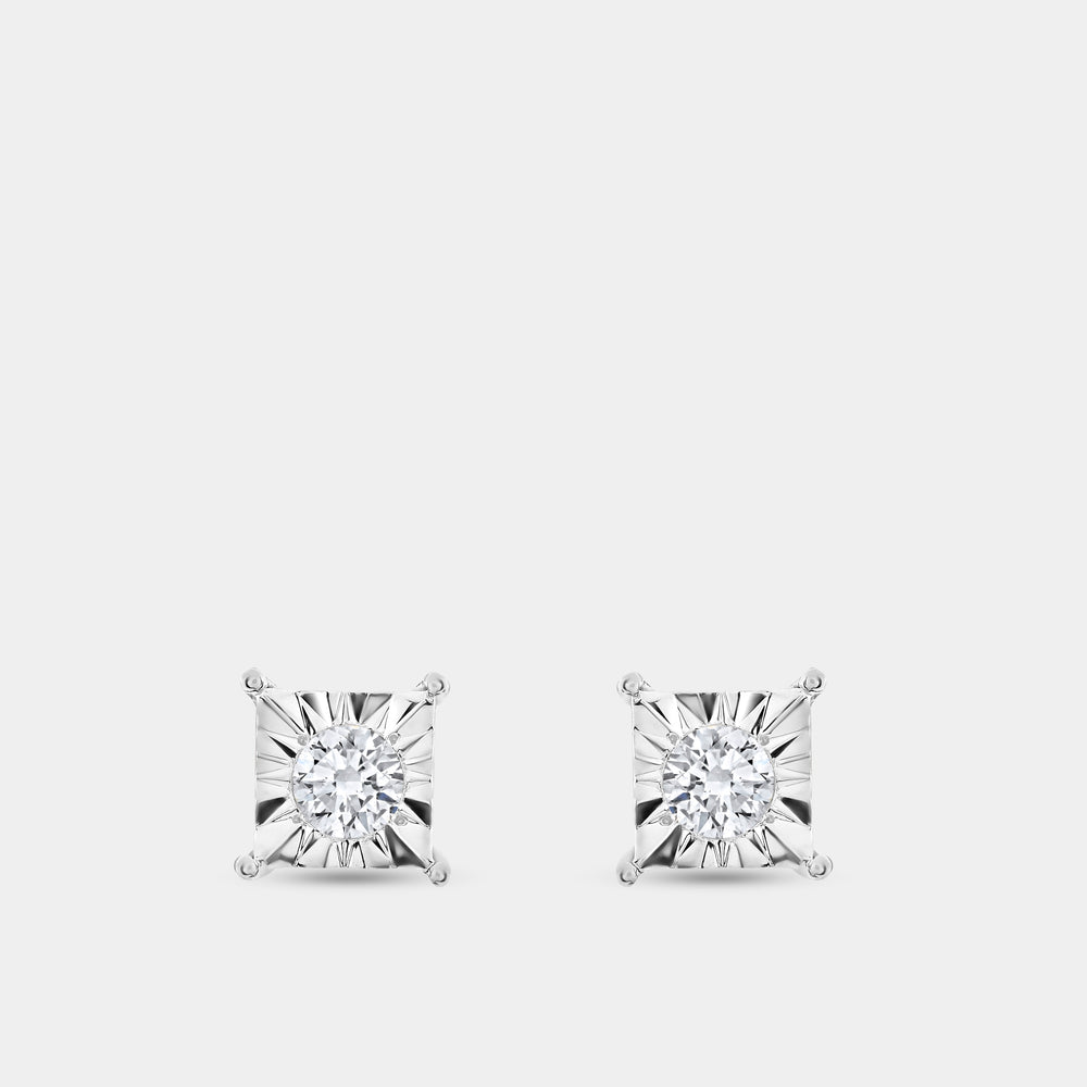 Gilded 1/5 Carat Lab-Grown Diamond Round-Shaped Solitaire Studs Set in a Princess-Cut Illusion Plate