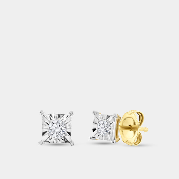 Gilded 1/5 Carat Lab-Grown Diamond Round-Shaped Solitaire Studs Set in a Princess-Cut Illusion Plate