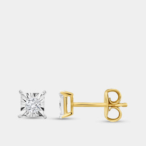 Gilded 1/5 Carat Lab-Grown Diamond Round-Shaped Solitaire Studs Set in a Princess-Cut Illusion Plate