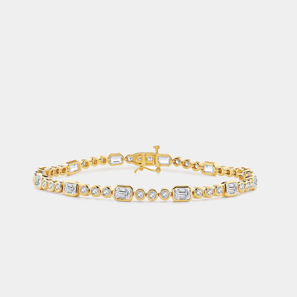 Gilded 5 Carat Lab-Grown Diamond Round-Shaped and Emerald Cut, Bezel-Set Tennis Bracelet