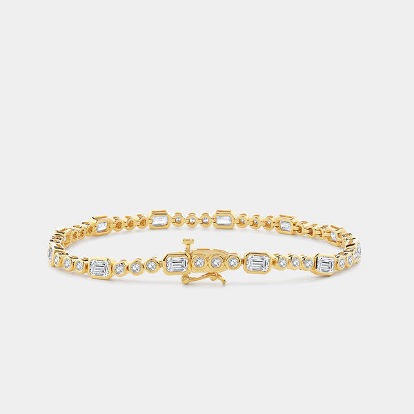 Gilded 5 Carat Lab-Grown Diamond Round-Shaped and Emerald Cut, Bezel-Set Tennis Bracelet