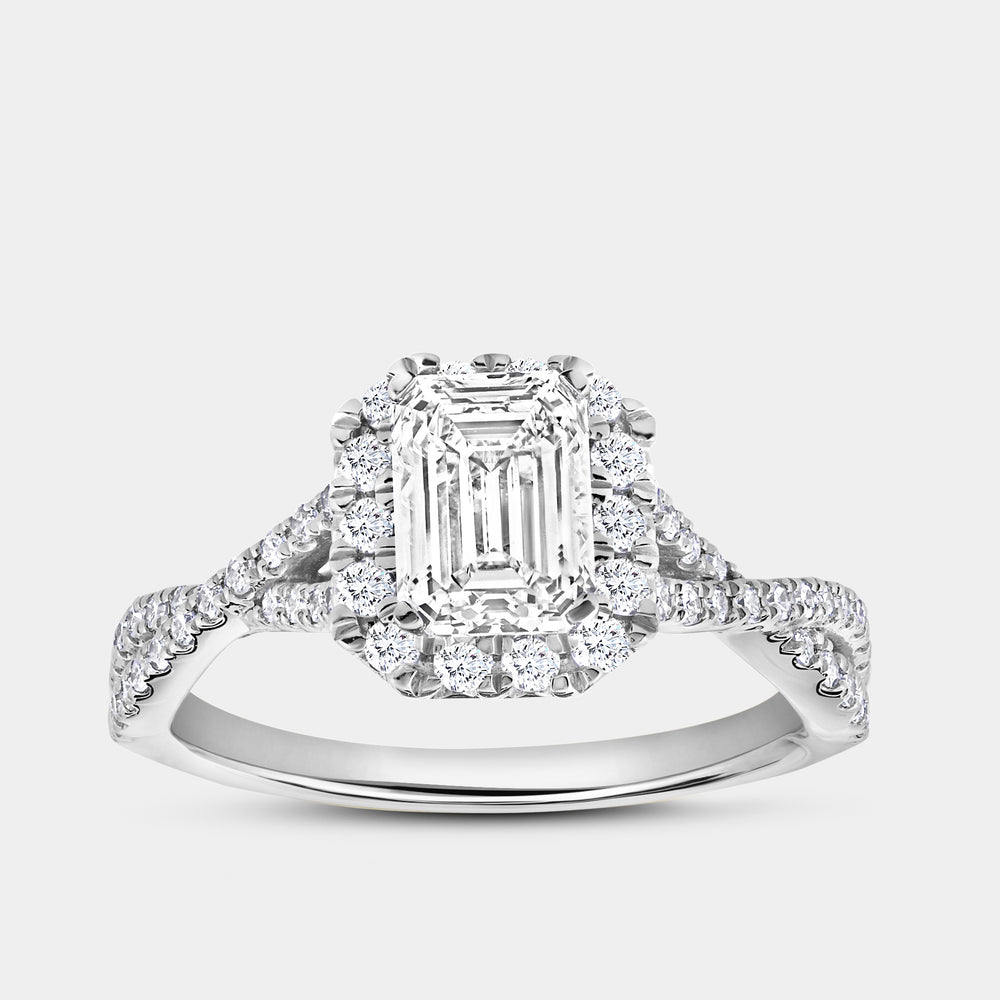Gilded 1 and 3/4 Carat Lab-Grown Diamond Emerald-Cut Halo Engagement Ring with a Crossover Shank