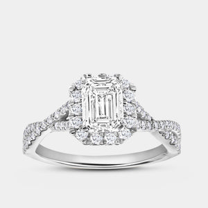 Gilded 1 and 3/4 Carat Lab-Grown Diamond Emerald-Cut Halo Engagement Ring with a Crossover Shank