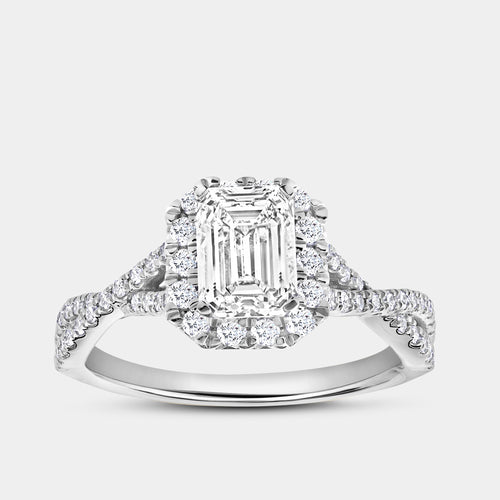 Gilded 1 and 3/4 Carat Lab-Grown Diamond Emerald-Cut Halo Engagement Ring with a Crossover Shank