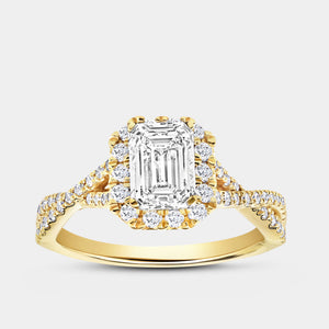 Gilded 1 and 3/4 Carat Lab-Grown Diamond Emerald-Cut Halo Engagement Ring with a Crossover Shank