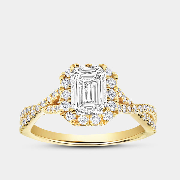 1 and 3/4 Carat Lab-Grown Diamond Emerald-Cut Halo Engagement Ring with a Crossover Shank — GILDED New York