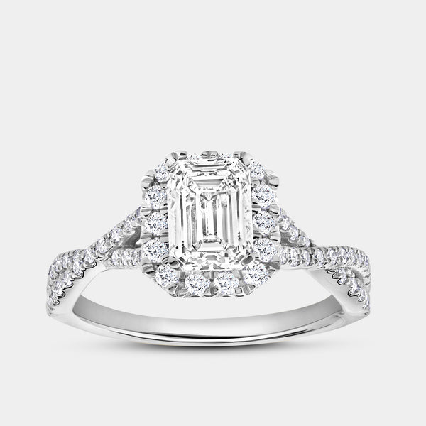 1 and 3/4 Carat Lab-Grown Diamond Emerald-Cut Halo Engagement Ring with a Crossover Shank — GILDED New York