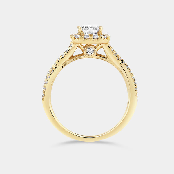 1 and 3/4 Carat Lab-Grown Diamond Emerald-Cut Halo Engagement Ring with a Crossover Shank — GILDED New York