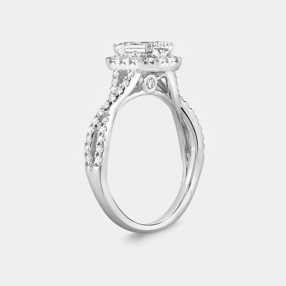 Gilded 1 and 3/4 Carat Lab-Grown Diamond Emerald-Cut Halo Engagement Ring with a Crossover Shank