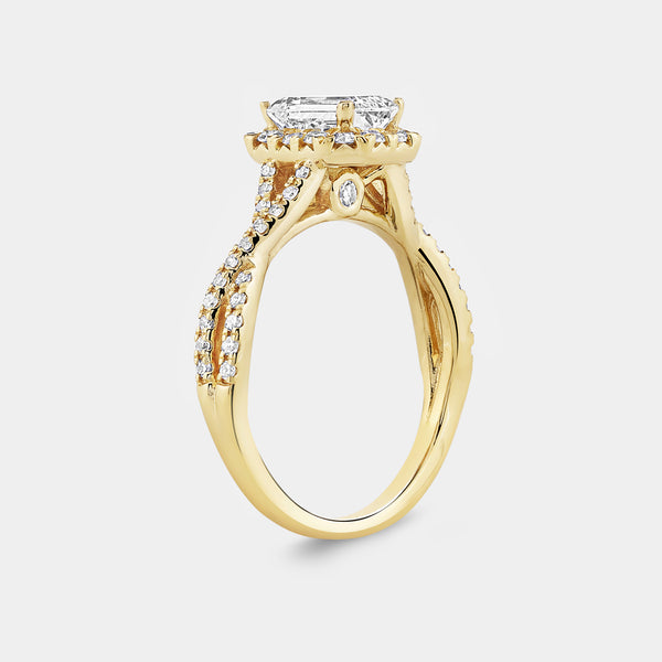 1 and 3/4 Carat Lab-Grown Diamond Emerald-Cut Halo Engagement Ring with a Crossover Shank — GILDED New York