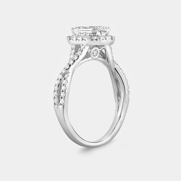 1 and 3/4 Carat Lab-Grown Diamond Emerald-Cut Halo Engagement Ring with a Crossover Shank — GILDED New York