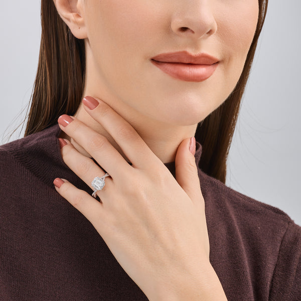 1 and 3/4 Carat Lab-Grown Diamond Emerald-Cut Halo Engagement Ring with a Crossover Shank — GILDED New York