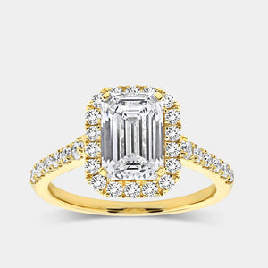 Gilded 2 and 5/8 Carat Lab-Grown Diamond Emerald-Cut Engagement Ring with a Classic Studded Shank