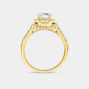 Gilded 2 and 5/8 Carat Lab-Grown Diamond Emerald-Cut Engagement Ring with a Classic Studded Shank