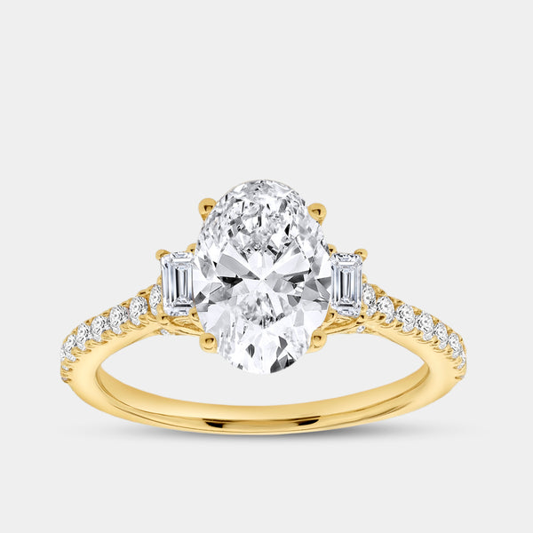 2 and 1/2 Carat Lab-Grown Diamond Oval-Shaped Solitaire Plus Engagement Ring with Baguette Accents and a Classic Shank — GILDED New York