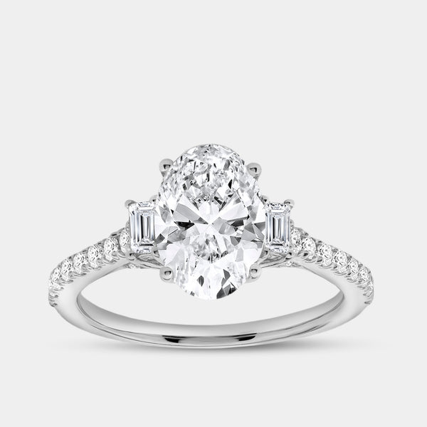 2 and 1/2 Carat Lab-Grown Diamond Oval-Shaped Solitaire Plus Engagement Ring with Baguette Accents and a Classic Shank — GILDED New York