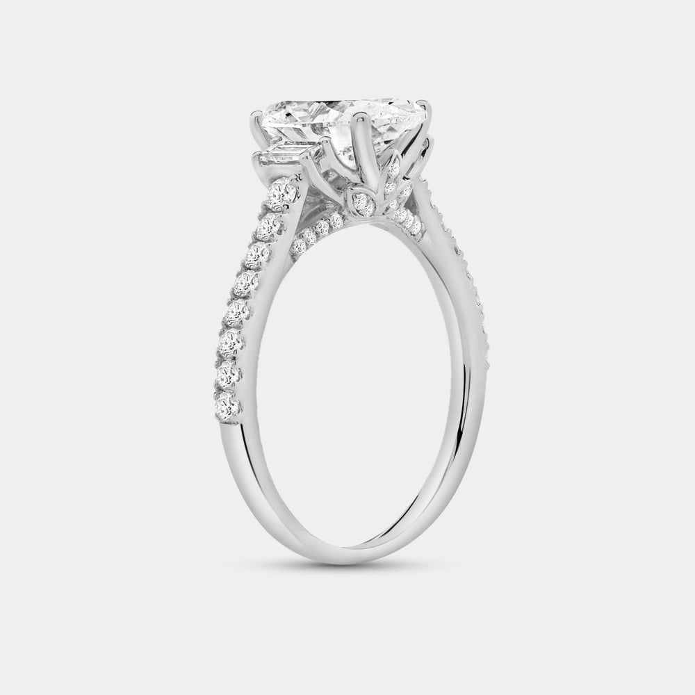 Gilded 2 and 1/2 Carat Lab-Grown Diamond Oval-Shaped Solitaire Plus Engagement Ring with Baguette Accents and a Classic Shank