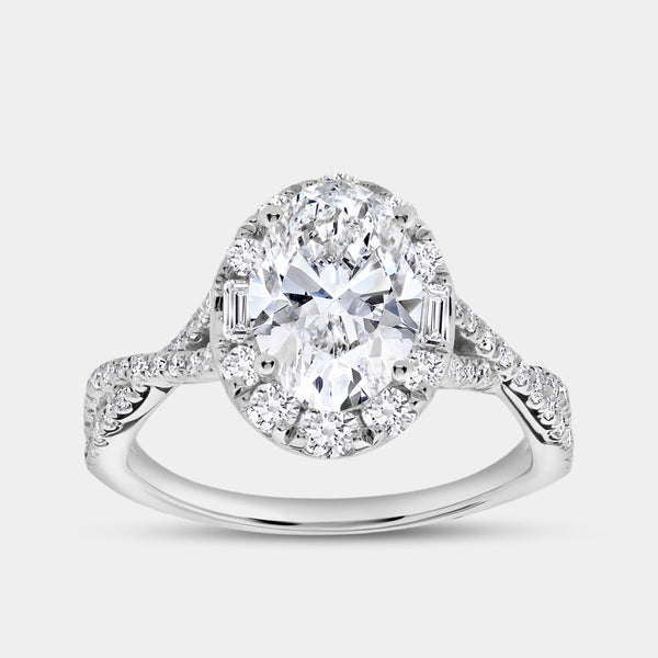 2 and 3/4 Carat Lab-Grown Diamond Oval-Shaped Halo Engagement Ring with a Crossover Shank — GILDED New York