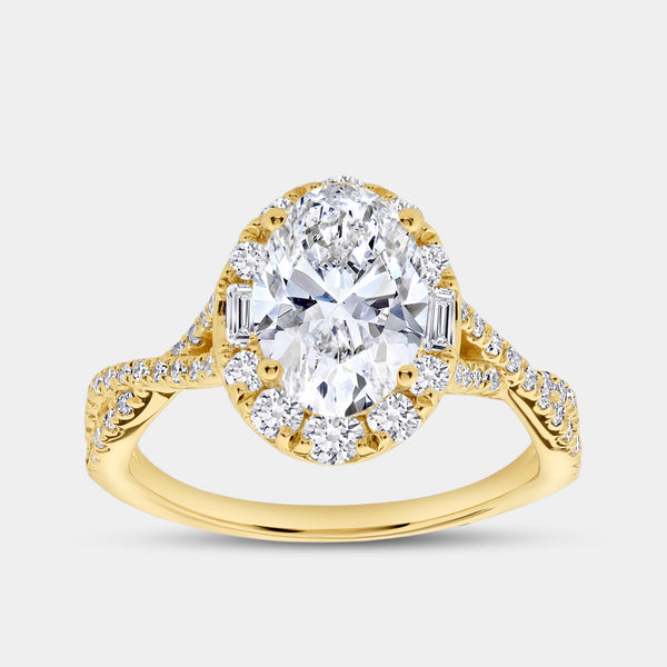 2 and 3/4 Carat Lab-Grown Diamond Oval-Shaped Halo Engagement Ring with a Crossover Shank — GILDED New York