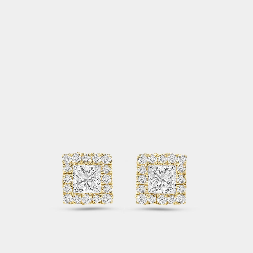Gilded 3/8 Carat Lab-Grown Diamond Princess-Cut Solitaire Stud Plus with a Delicate Halo