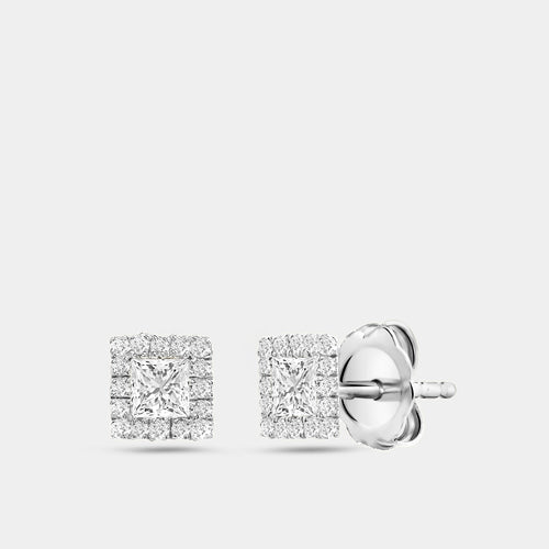Gilded 3/8 Carat Lab-Grown Diamond Princess-Cut Solitaire Stud Plus with a Delicate Halo