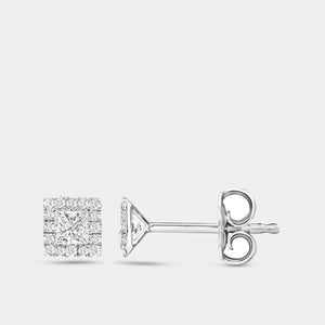 Gilded 3/8 Carat Lab-Grown Diamond Princess-Cut Solitaire Stud Plus with a Delicate Halo