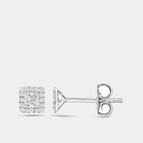 Gilded 3/8 Carat Lab-Grown Diamond Princess-Cut Solitaire Stud Plus with a Delicate Halo
