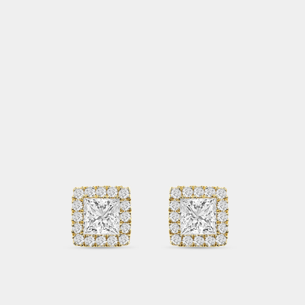 Gilded 1 Carat Lab-Grown Diamond Princess-Cut Solitaire Studs Plus with a Delicate Halo