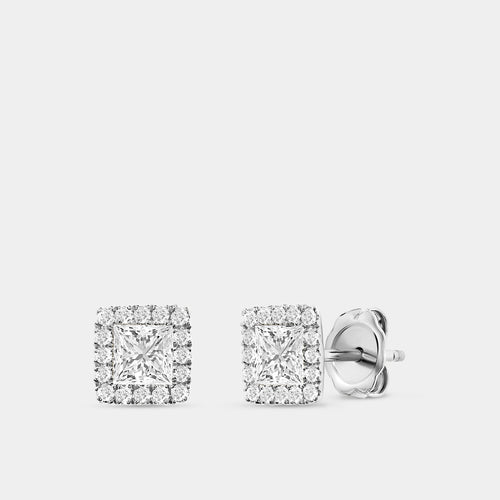 Gilded 1 Carat Lab-Grown Diamond Princess-Cut Solitaire Studs Plus with a Delicate Halo