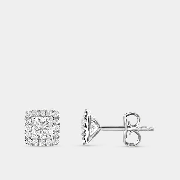 Gilded 1 Carat Lab-Grown Diamond Princess-Cut Solitaire Studs Plus with a Delicate Halo