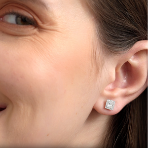 Gilded 1 Carat Lab-Grown Diamond Princess-Cut Solitaire Studs Plus with a Delicate Halo