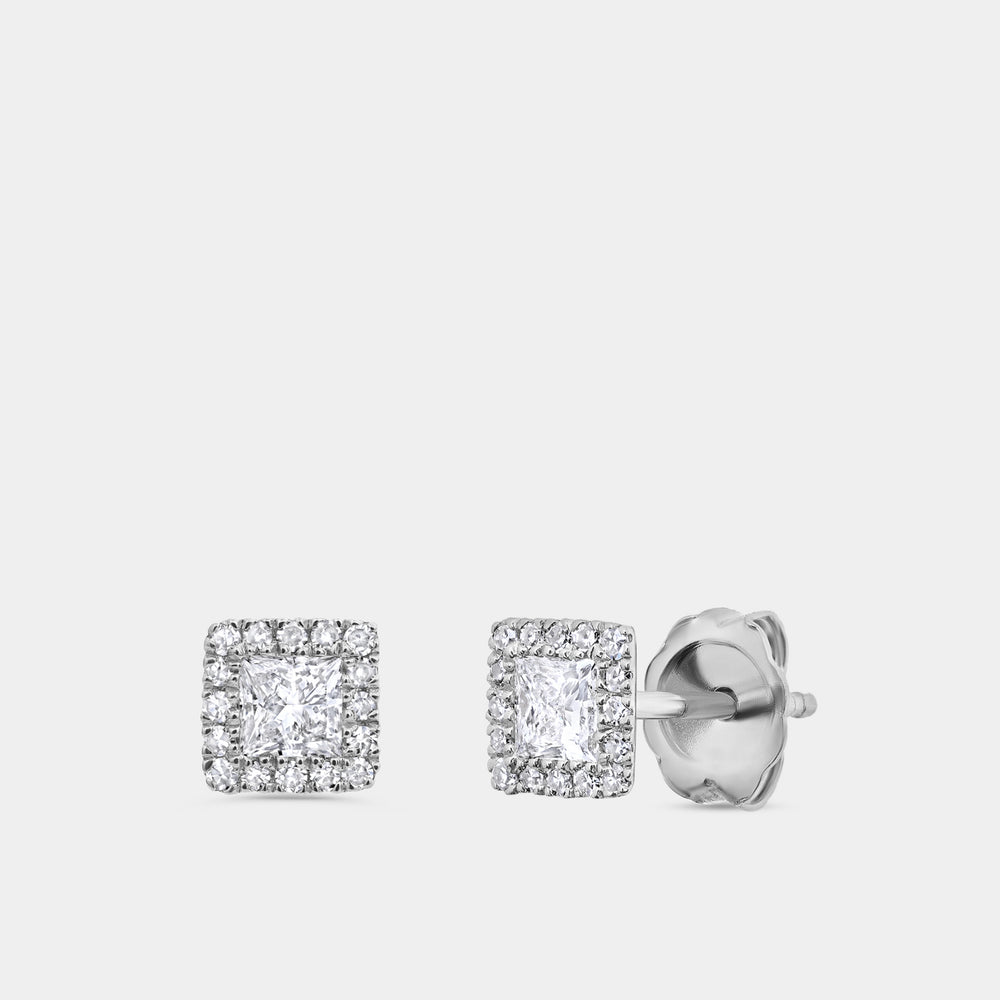 Gilded 1/2 Carat Lab-Grown Diamond Princess-Cut Solitaire Studs Plus with a Delicate Halo