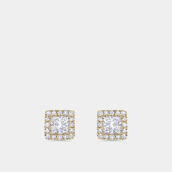 Gilded 1/2 Carat Lab-Grown Diamond Princess-Cut Solitaire Studs Plus with a Delicate Halo
