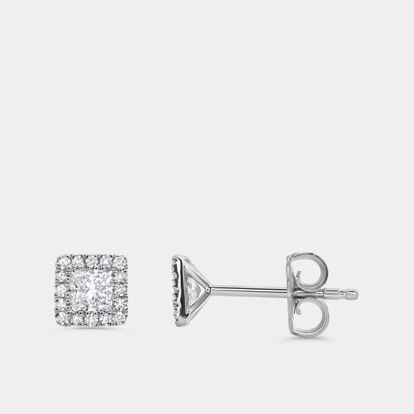 Gilded 1/2 Carat Lab-Grown Diamond Princess-Cut Solitaire Studs Plus with a Delicate Halo