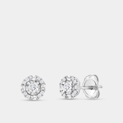 Gilded 1/4 Carat Lab-Grown Diamond Round-Shaped Stud Plus with Baguettes in the Halo