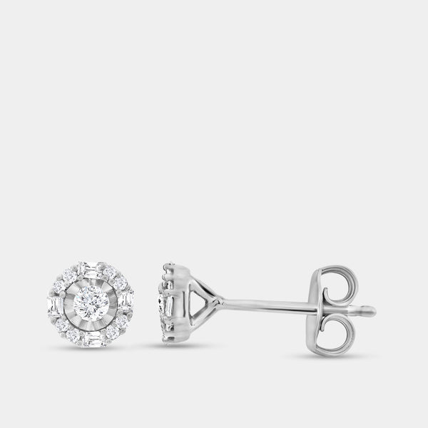 Gilded 1/4 Carat Lab-Grown Diamond Round-Shaped Stud Plus with Baguettes in the Halo