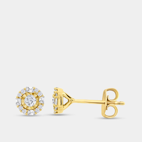 Gilded 1/4 Carat Lab-Grown Diamond Round-Shaped Stud Plus with Baguettes in the Halo