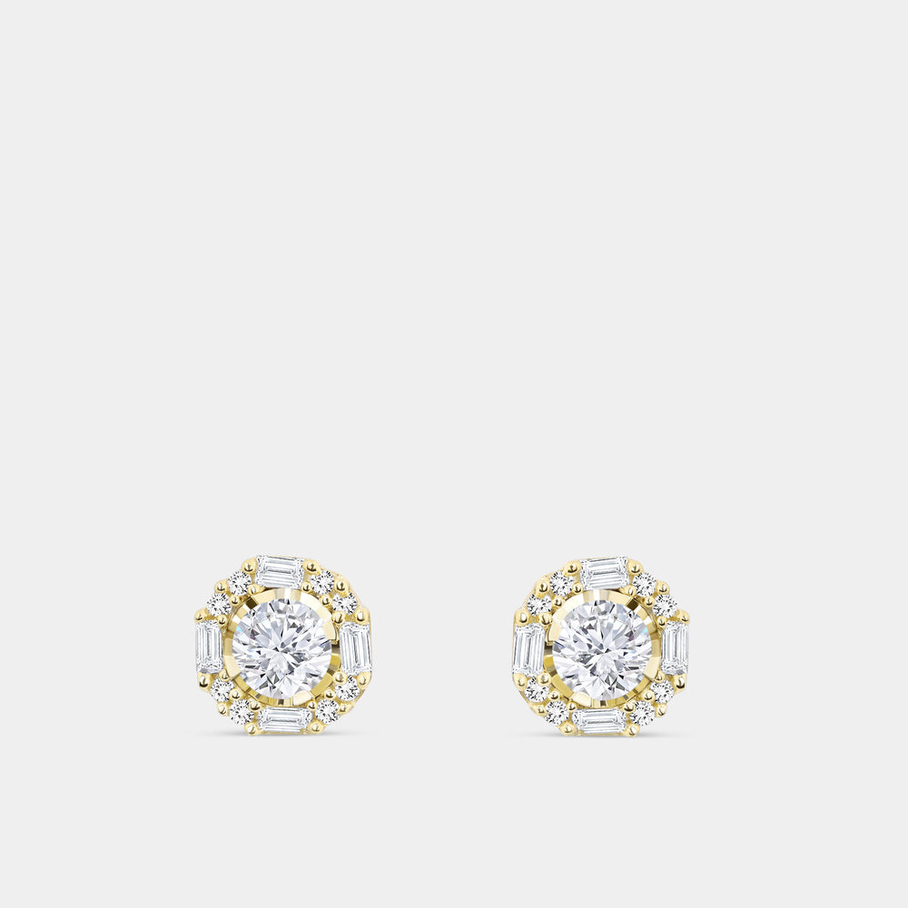 Gilded 3/4 Carat Lab-Grown Diamond Round-Shaped Stud Plus with Baguettes in the Halo