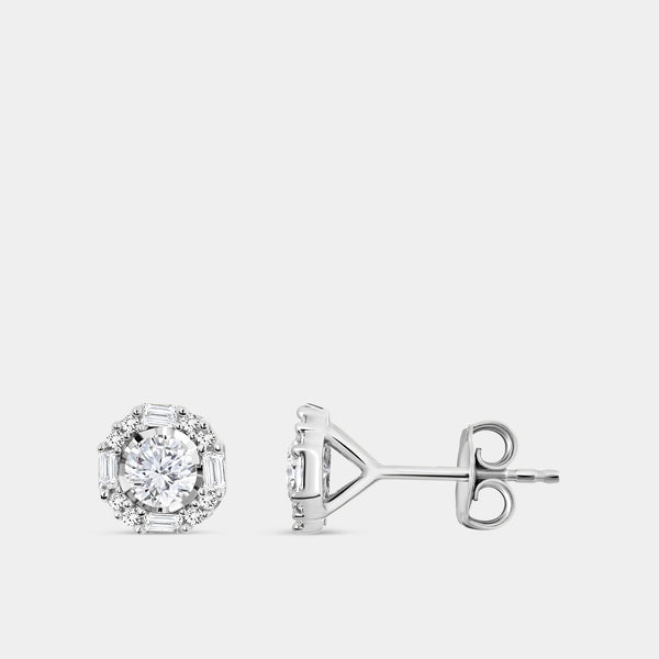 Gilded 3/4 Carat Lab-Grown Diamond Round-Shaped Stud Plus with Baguettes in the Halo