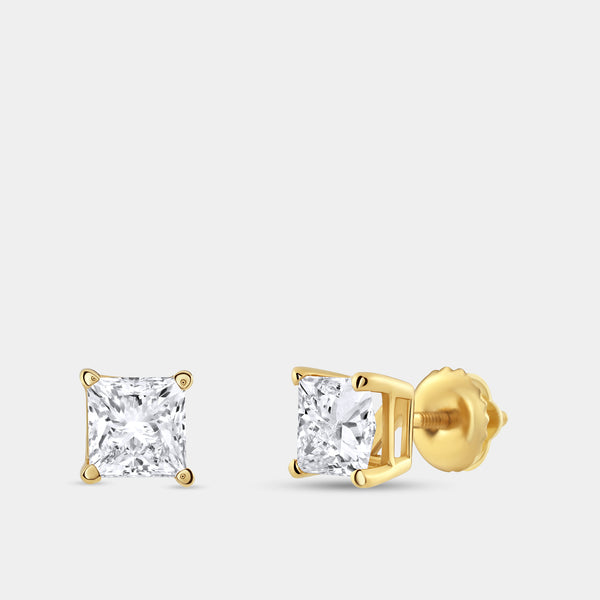 Gilded 1 and 1/2 Carat Lab-Grown Diamond Princess-Cut Classic Solitaire Studs