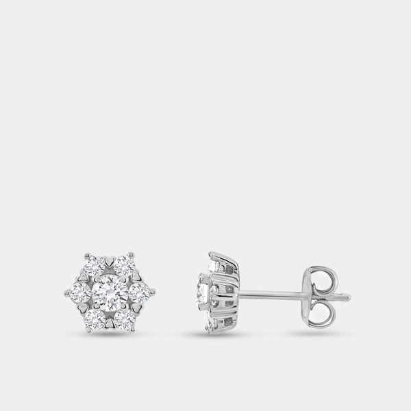 Gilded 3/4 Carat Lab-Grown Diamond Round-Shaped Stud Plus with a Floral Halo