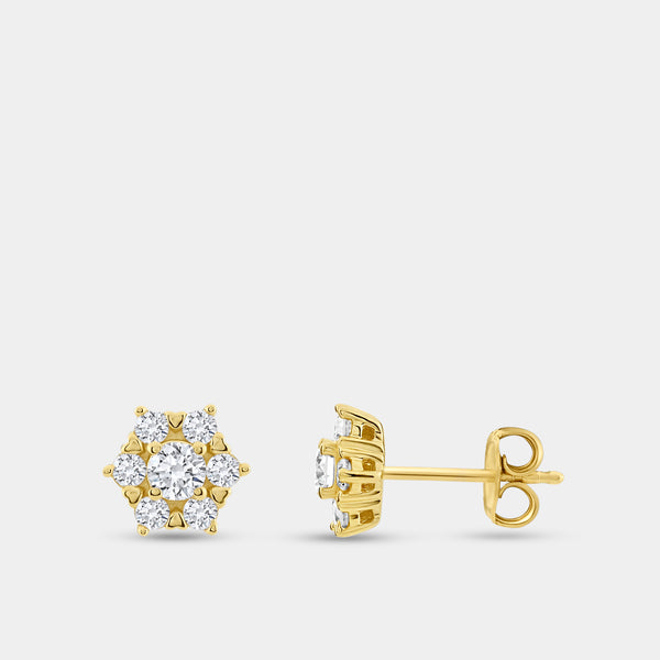 Gilded 3/4 Carat Lab-Grown Diamond Round-Shaped Stud Plus with a Floral Halo