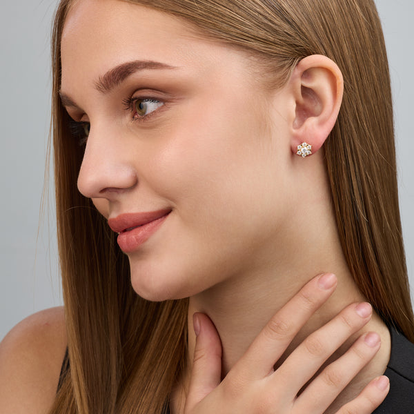 Gilded 1 Carat Lab-Grown Diamond Round-Shaped Stud Plus with a Floral Halo