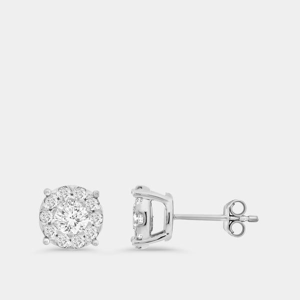 Gilded 1 Carat Lab-Grown Diamond Round-Shaped Stud Plus with a Round Halo