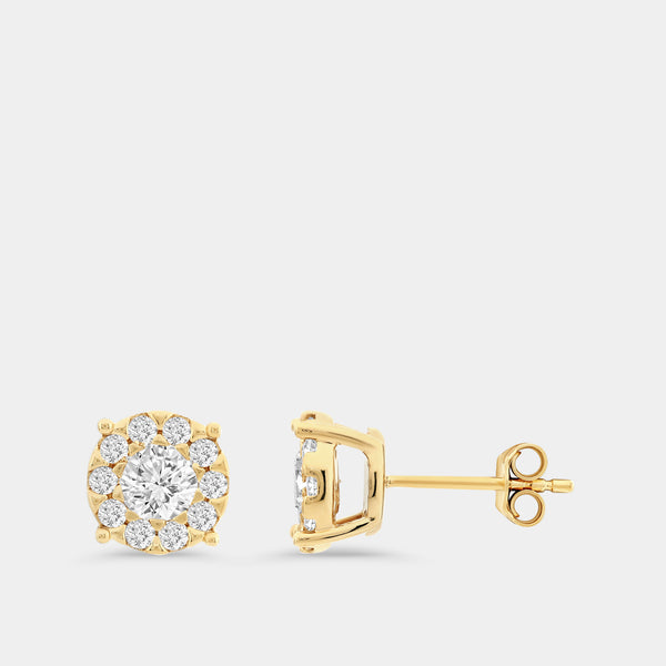 Gilded 1 Carat Lab-Grown Diamond Round-Shaped Stud Plus with a Round Halo
