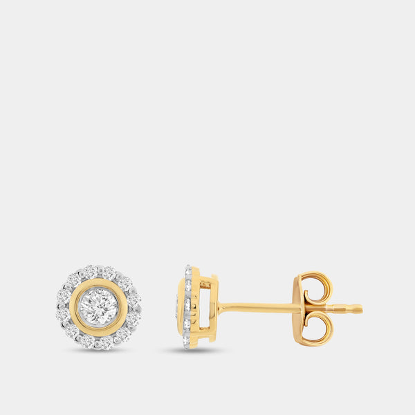 Gilded 2 Carat Lab-Grown Diamond Round-Shaped Stud Plus with a Round Halo