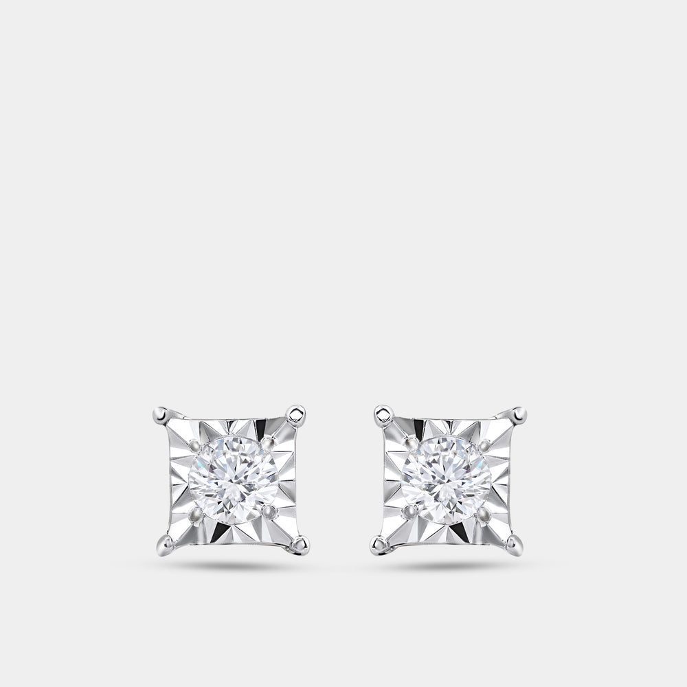 Gilded 1/10 Carat Lab-Grown Diamond Round-Shaped Solitaire Studs Set in a Princess-Cut Illusion Plate