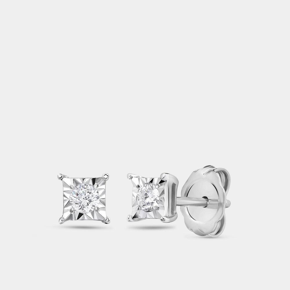Gilded 1/10 Carat Lab-Grown Diamond Round-Shaped Solitaire Studs Set in a Princess-Cut Illusion Plate