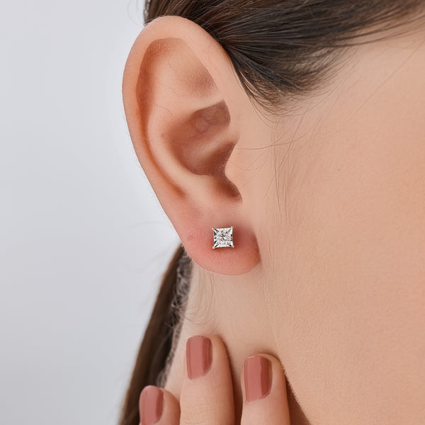 Gilded 1/3 Carat Lab-Grown Diamond Round-Shaped Solitaire Studs Set in a Princess-Cut Illusion Plate