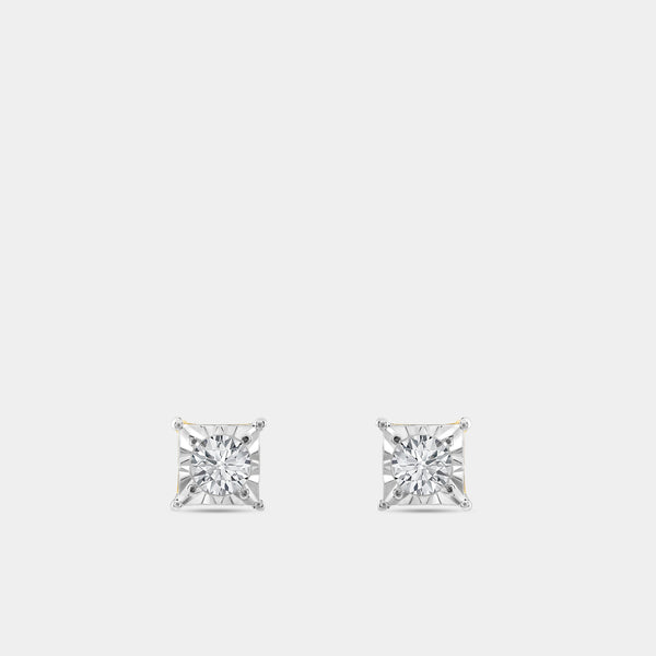 Gilded 1/3 Carat Lab-Grown Diamond Round-Shaped Solitaire Studs Set in a Princess-Cut Illusion Plate
